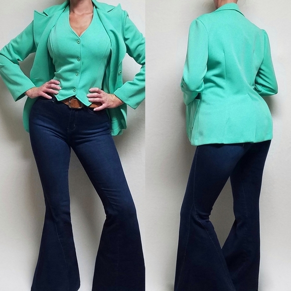 70s Vintage Worthington Mint Green Knit V-neck Vest Blazer Two-Piece Set 15/16 - Picture 1 of 16